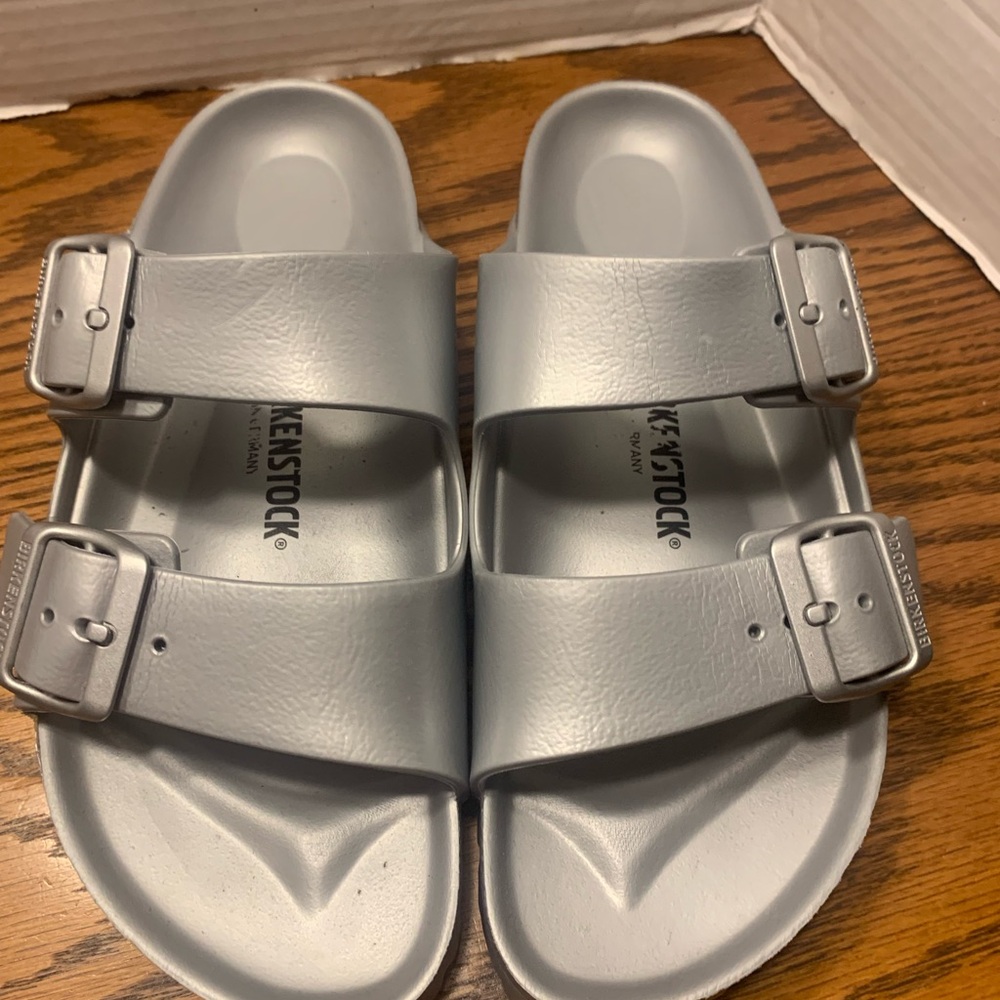 Birkenstock Metallic Silver Slides Comfortable cute hippie Woodstock sizeL6 M4